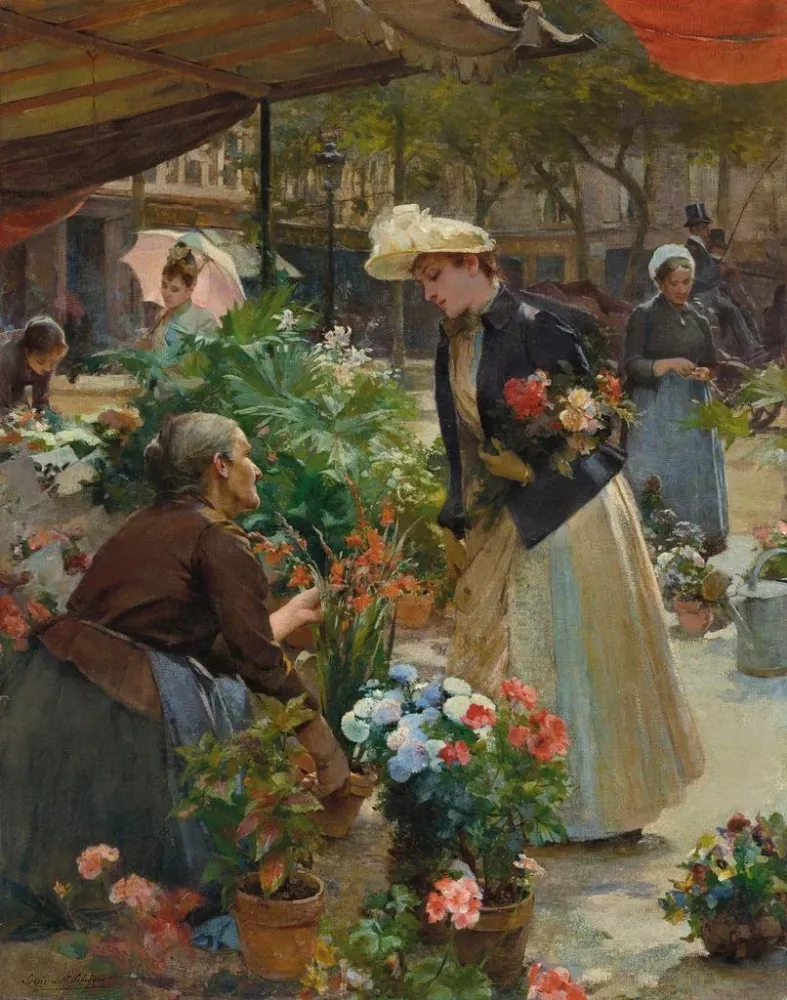 Gemälde Paris, der Blumenmarkt auf der Île de la Cité - Louis Marie de Schryver | Kunstdruck
