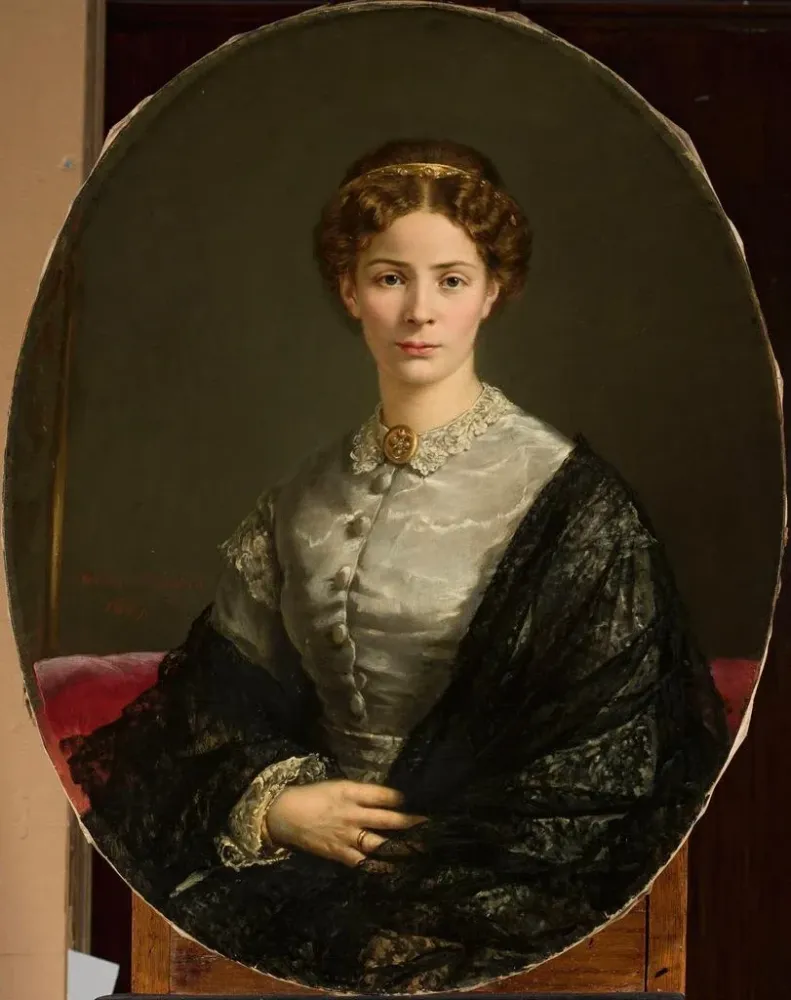 Gemälde Portrait einer Dame mit einem Spitzenkopfband - Adalbert Begas