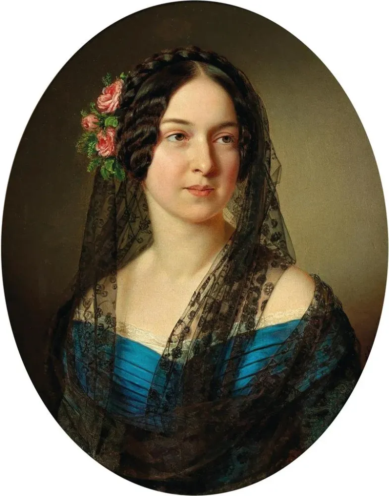 Gemälde Portrait einer Dame mit Rosen den Haaren - Anton Einsle | Kunstdruck