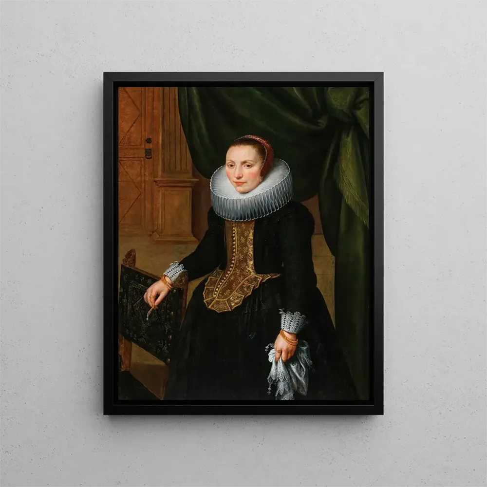 Gemälde Portrait einer eleganten Dame, die neben einem Stuhl steht - Schule von Antwerpen