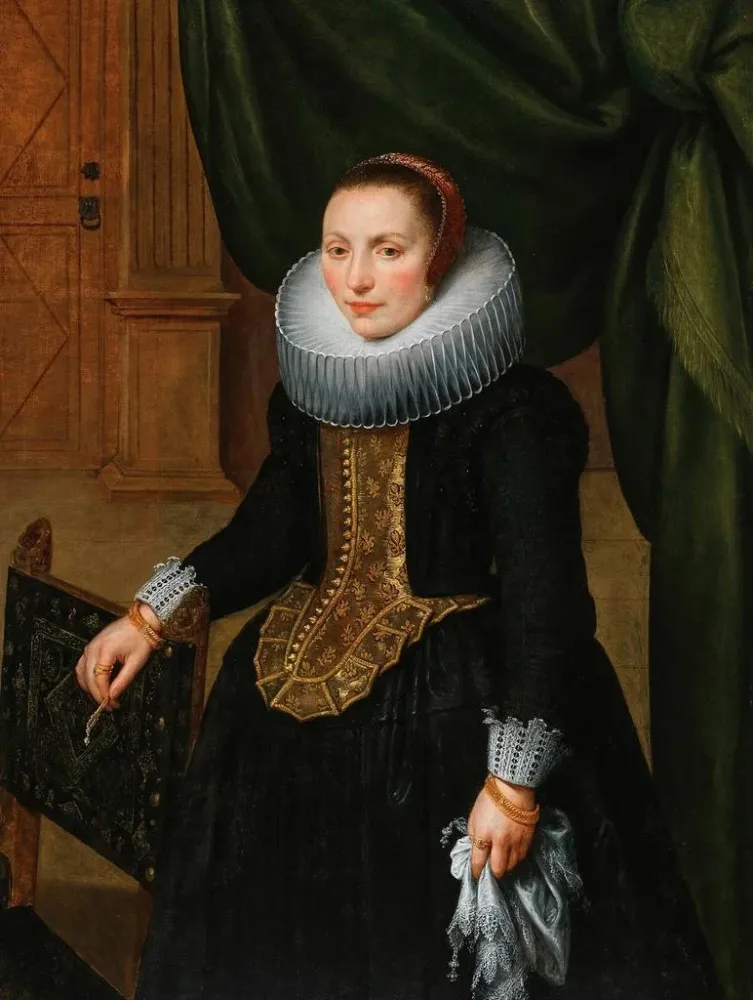 Gemälde Portrait einer eleganten Dame, die neben einem Stuhl steht - Schule von Antwerpen