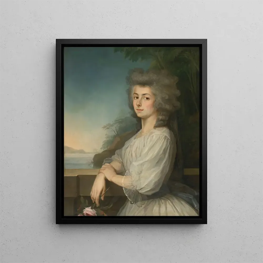 Gemälde Portrait einer Frau auf einer Terrasse Ein Landschaft im Hintergrund - Antoine Vestier | Kunstdruck