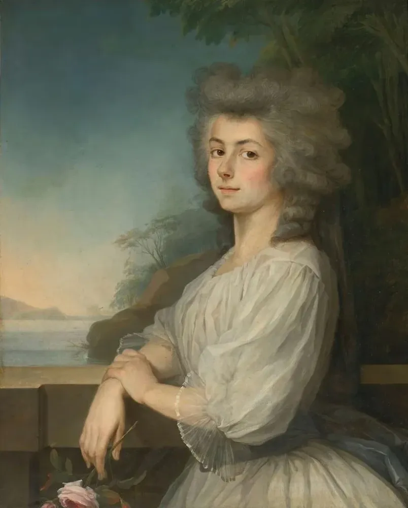 Gemälde Portrait einer Frau auf einer Terrasse Ein Landschaft im Hintergrund - Antoine Vestier | Kunstdruck
