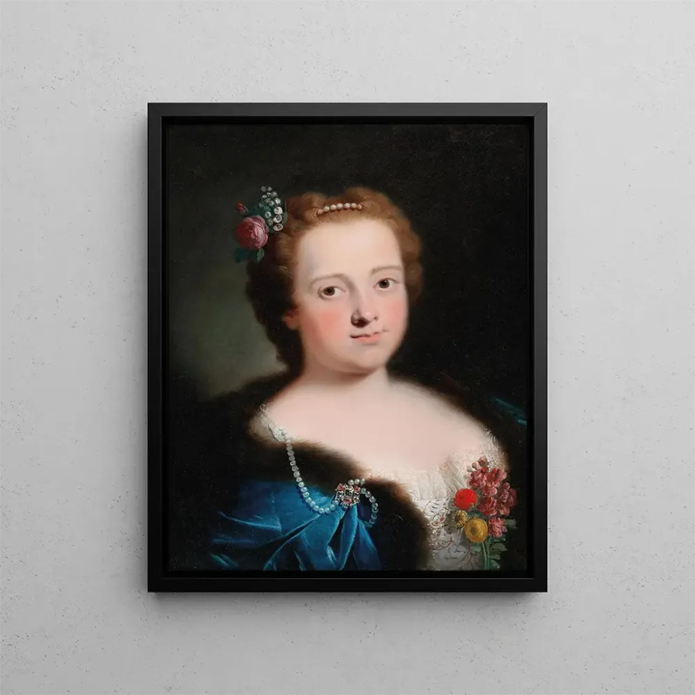 Gemälde Portrait einer Frau Brustbild, gekleidet ein weißes, besticktes Kleid und einen mit blauer Fell gefütterten Umhang...