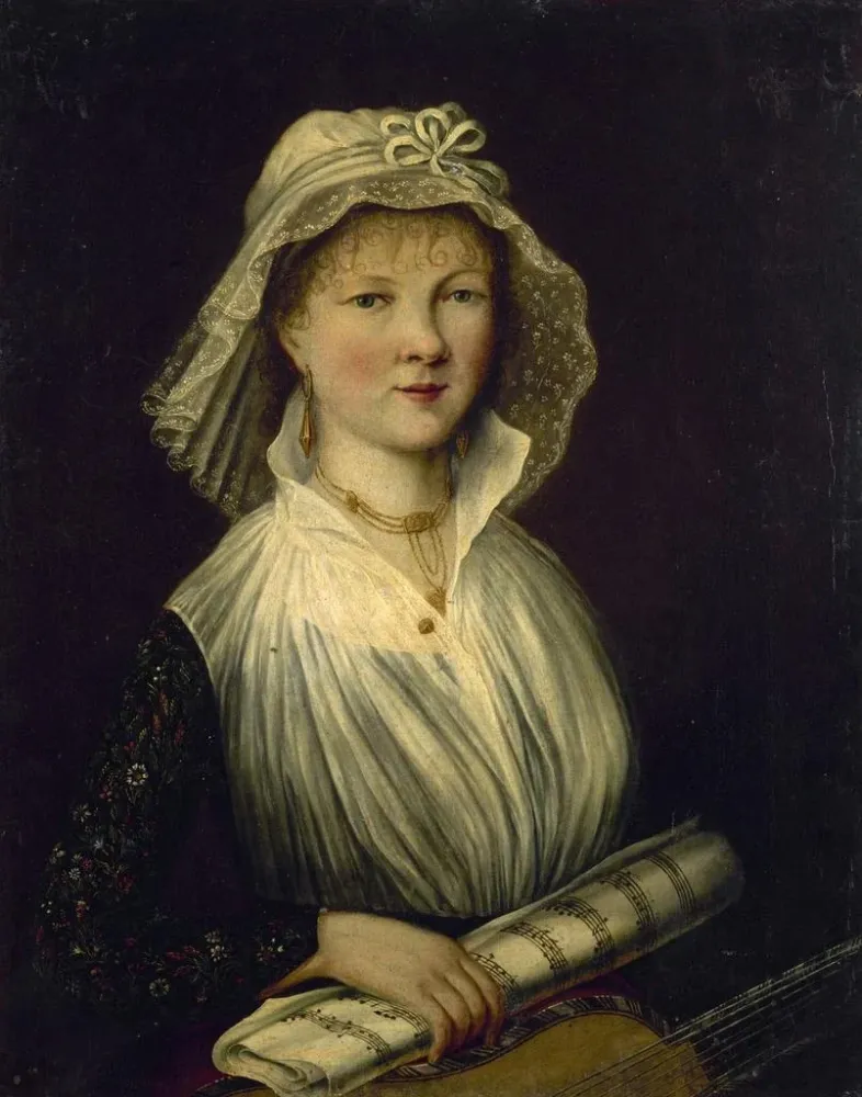 Gemälde Portrait einer Frau, die eine Musikrolle hält, genannt Frau Courcier - Anonym | Kunstdruck