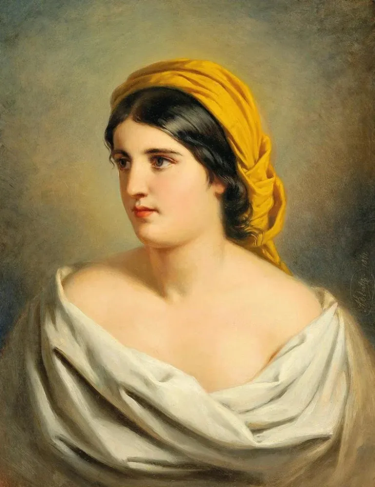 Gemälde Portrait einer Frau mit gelbem Schal - Anton Ebert