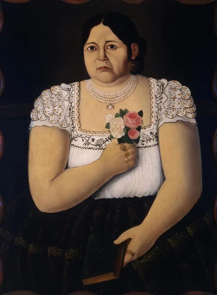 Gemälde Portrait einer indigenen Frau aus Puebla mit einem Rosenstrauß - Anonym | Kunstdruck