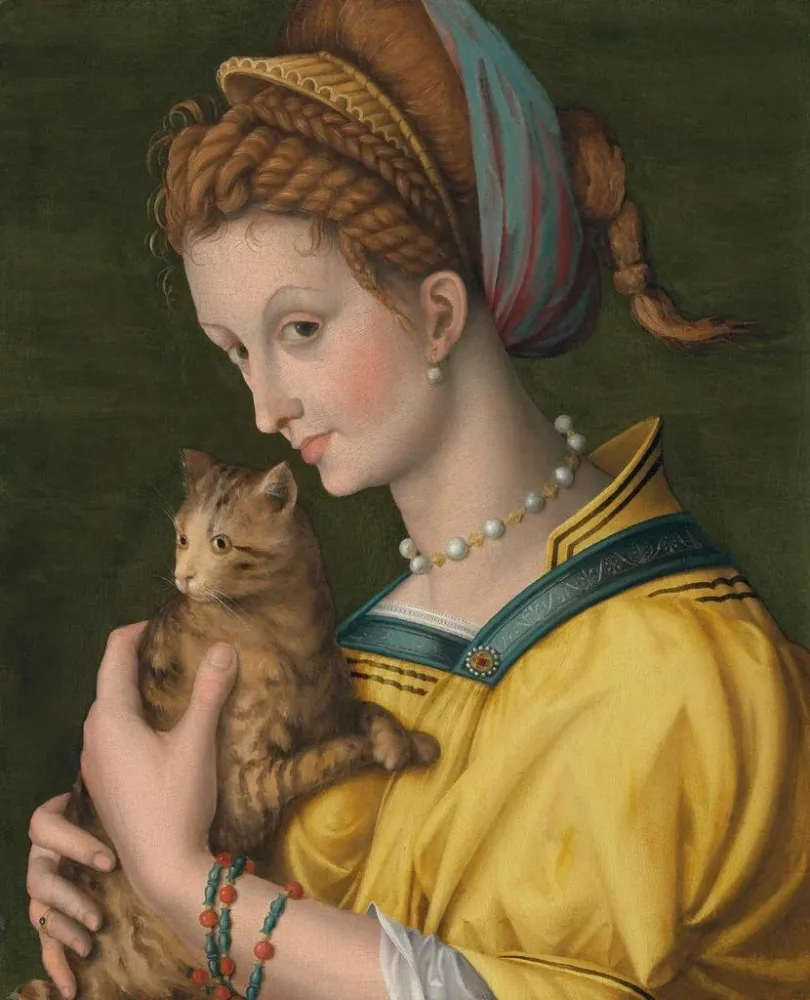 Gemälde Portrait einer jungen Frau mit Katze - Bacchiacca