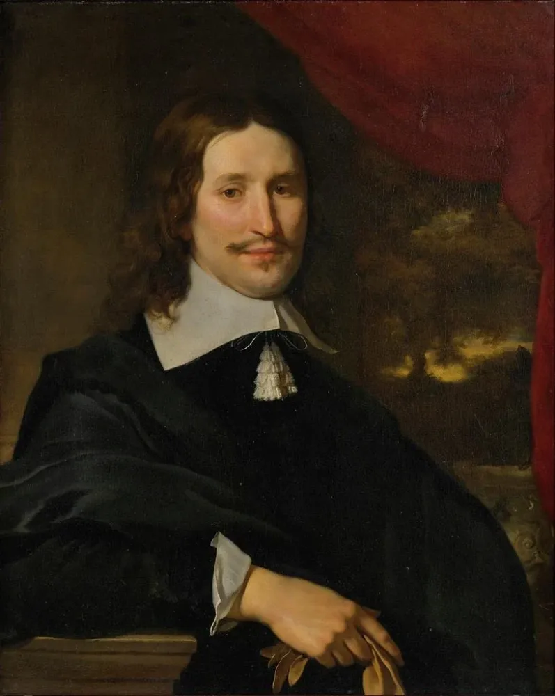 Gemälde Portrait eines Gentlemans mit Handschuhen im Brustbild vor einer Landschaft - Abraham Lambertsz van den Tempel | K...