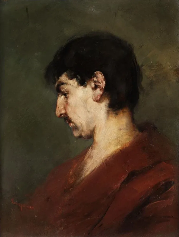 Gemälde Portrait eines jungen Mannes mit schwarzen Haaren und rotem Mantel - Anton Laupheimer | Kunstdruck