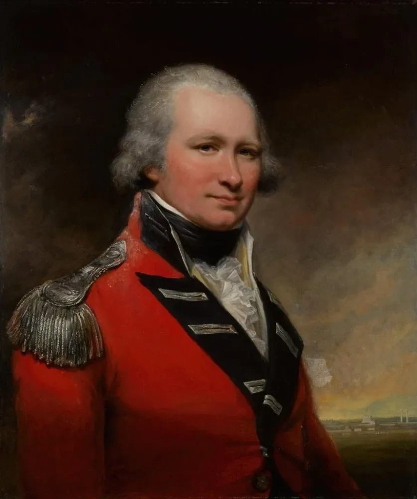 Gemälde Portrait eines Kapitäns, wahrscheinlich David Baird, halbkörpers vor der Festung von Srirangapatna - Arthur Willia...