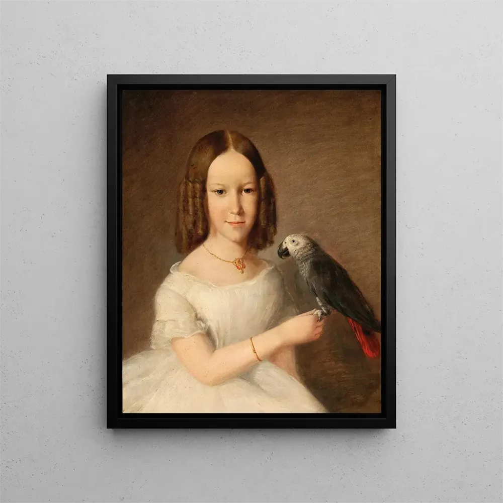 Gemälde Portrait eines Mädchens mit einem grauen Papagei - Anonym | Kunstdruck