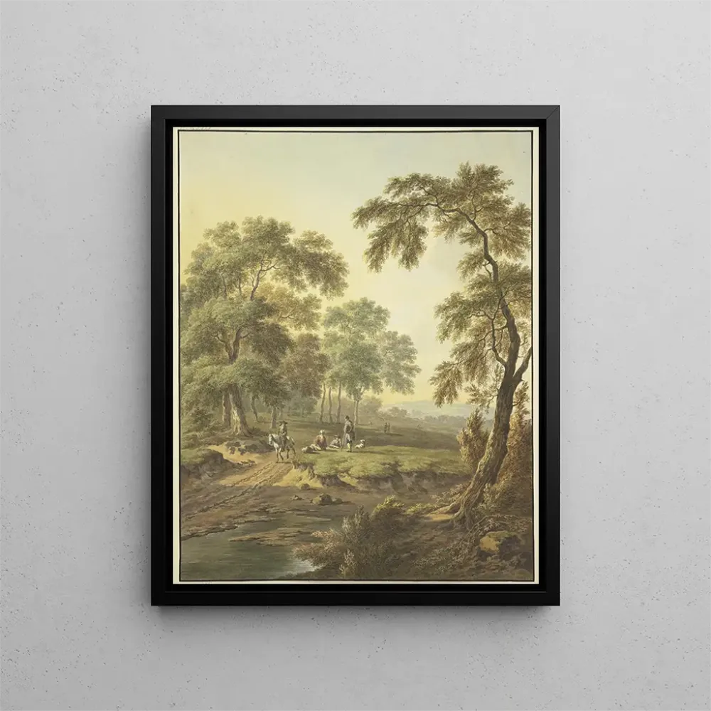 Gemälde Prairie forestière avec de l'eau sur le chemin, un cavalier sur un cheval gris, avec quelques personnes reposant a...