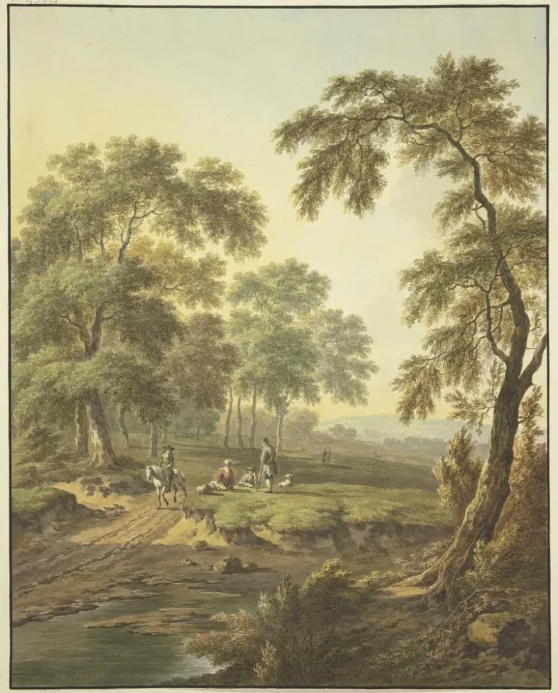 Gemälde Prairie forestière avec de l'eau sur le chemin, un cavalier sur un cheval gris, avec quelques personnes reposant a...