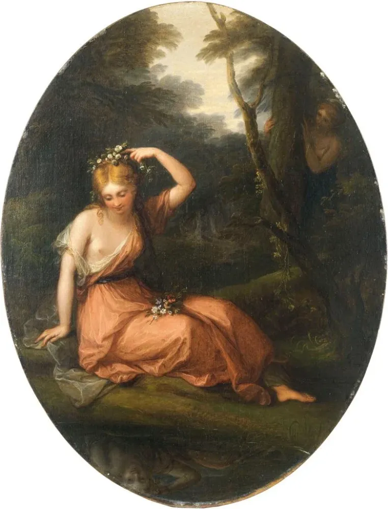 Gemälde Silvia, das sich mit Blumen schmückt, unter Beobachtung von Daphné - Angelica Kauffman | Kunstdruck