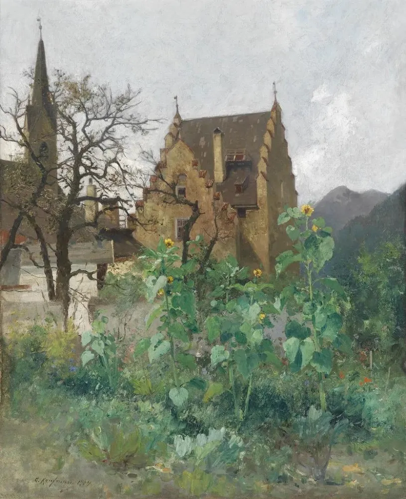 Gemälde Sonnenblumen im Vorderhof - Adolf Kaufmann | Kunstdruck