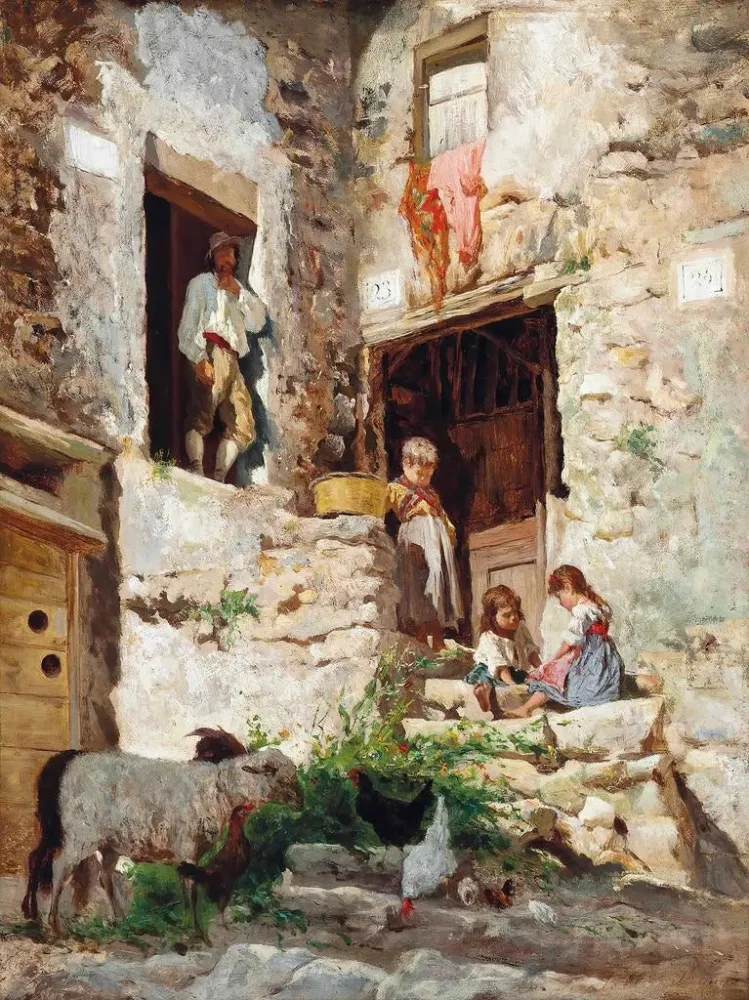 Gemälde Spielen auf den Stufen einer italienischen Villa - Aurelio Tiratelli | Kunstdruck