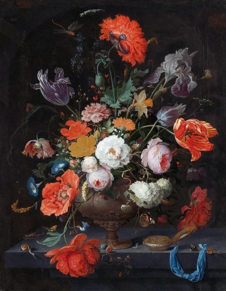 Gemälde Stillleben mit Blumen und einer Uhr - Abraham Mignon | Kunstdruck