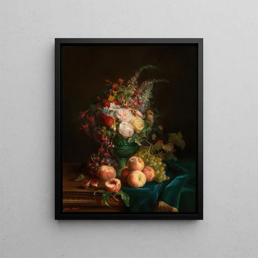 Gemälde Stillleben mit Blumen und Pfirsichen - Aurélie Léontine Malbet | Kunstdruck