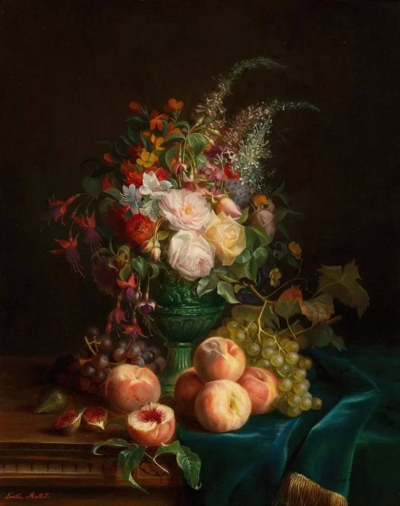 Gemälde Stillleben mit Blumen und Pfirsichen - Aurélie Léontine Malbet | Kunstdruck