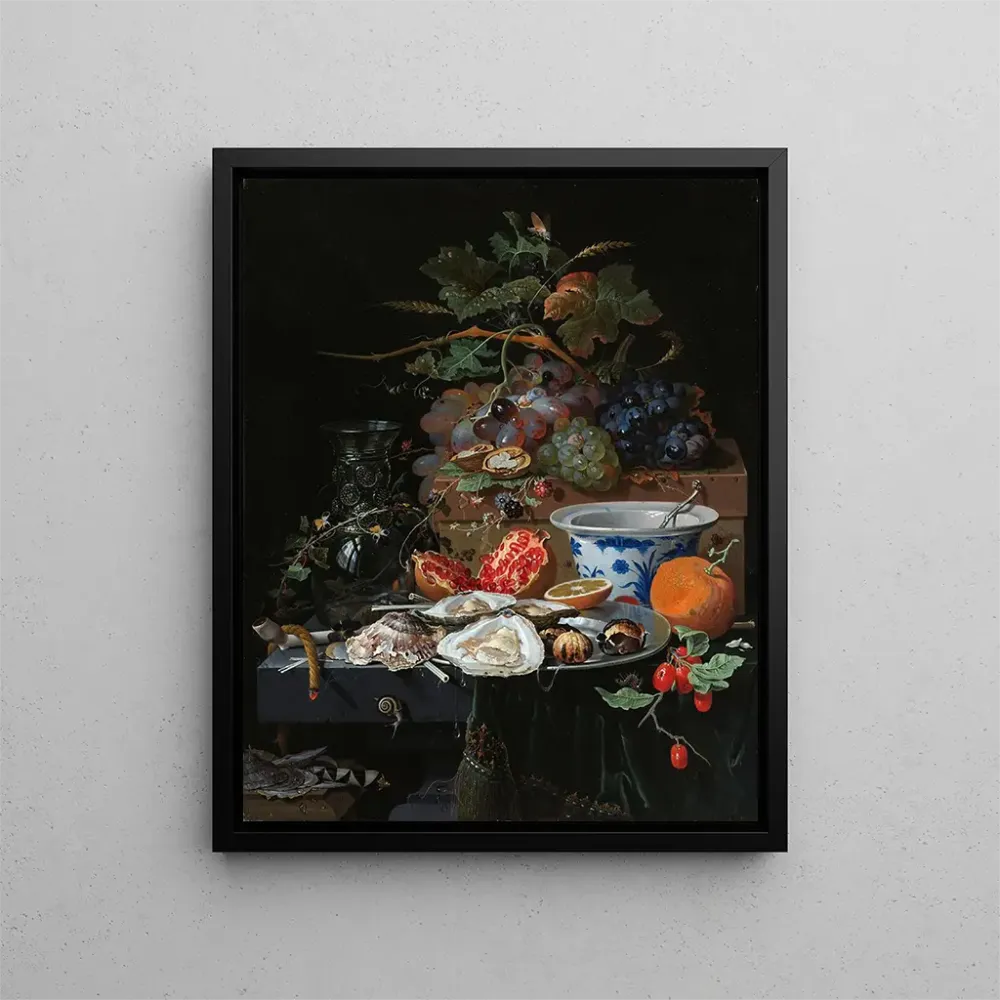 Gemälde Stillleben mit Früchten, Austern und einer Porzellan-Schale - Abraham Mignon | Kunstdruck