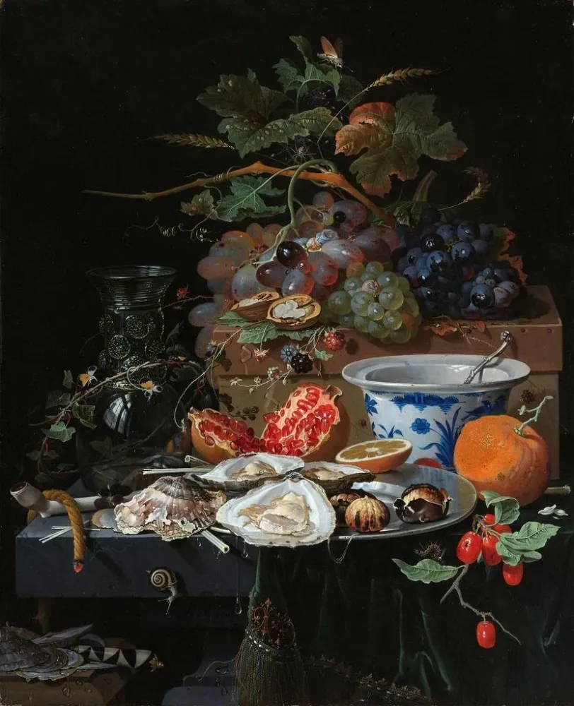 Gemälde Stillleben mit Früchten, Austern und einer Porzellan-Schale - Abraham Mignon | Kunstdruck