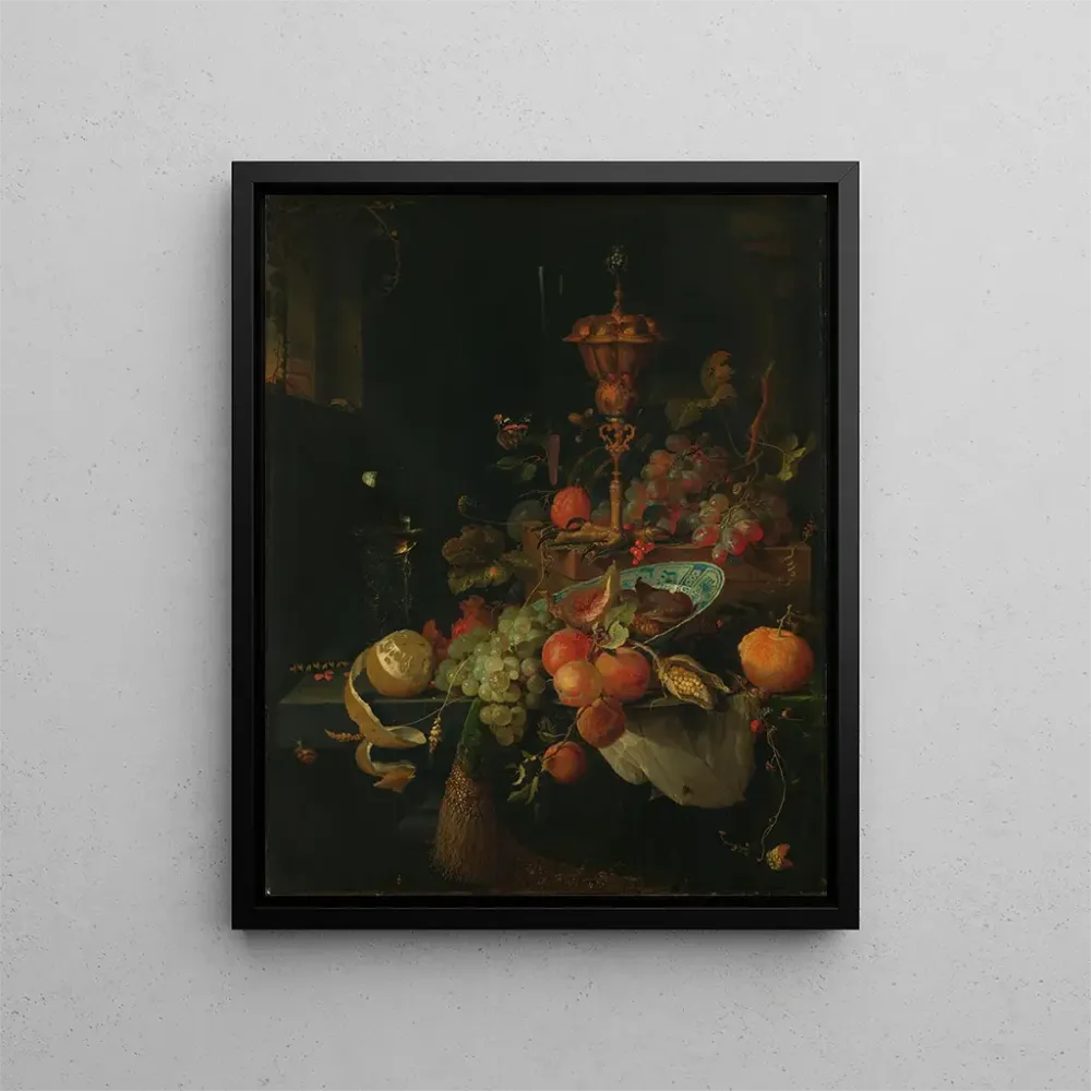 Gemälde Stillleben mit Früchten und einem Becher auf einem Hahnenfuß - Abraham Mignon | Kunstdruck