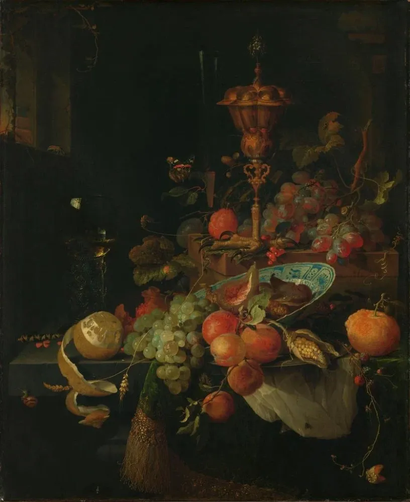 Gemälde Stillleben mit Früchten und einem Becher auf einem Hahnenfuß - Abraham Mignon | Kunstdruck