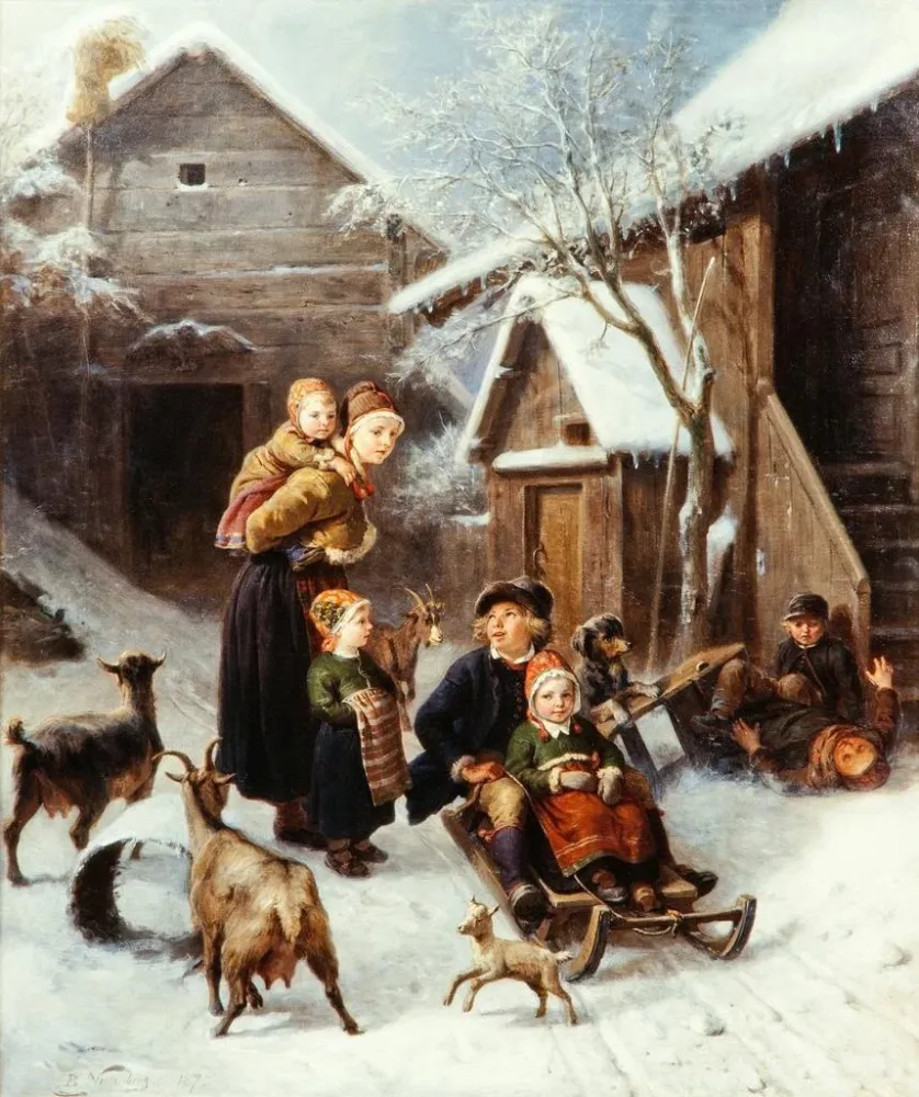 Gemälde Szene aus Dalarna auf Rutsche - Bengt Nordenberg | Kunstdruck
