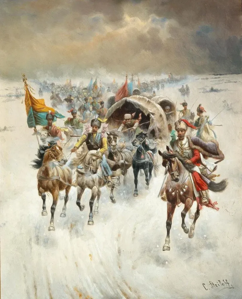 Gemälde Zug Kosake einer Winterlandschaft - Adolf Baumgartner-Stoiloff | Kunstdruck