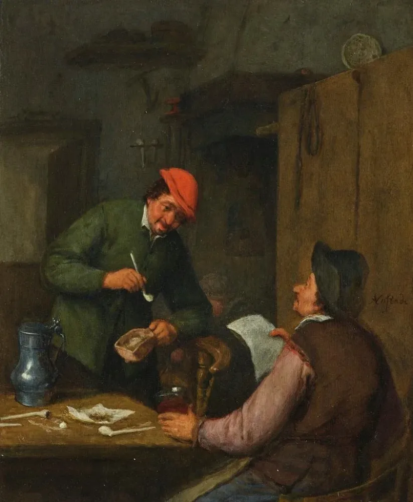 Gemälde Zwei Bauern rauchen, trinken und lesen einer Gaststätte - Adriaen van Ostade | Kunstdruck