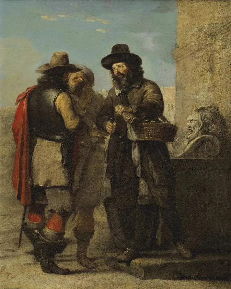Gemälde Zwei Bauern und ein Soldat, die einem Brunnen trinken - Alexandre Montallier | Kunstdruck