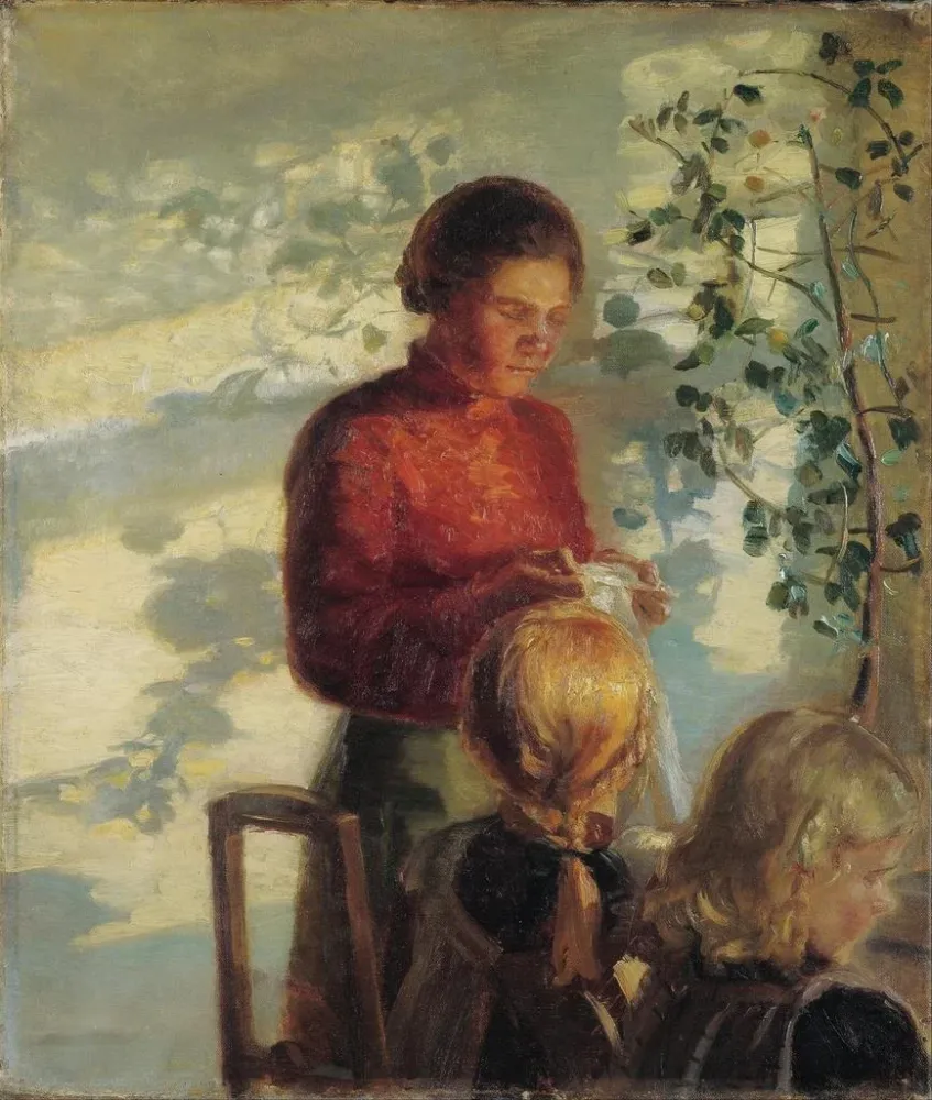 Gemälde Zwei kleine Mädchen lernen nähen - Anna Ancher | Kunstdruck