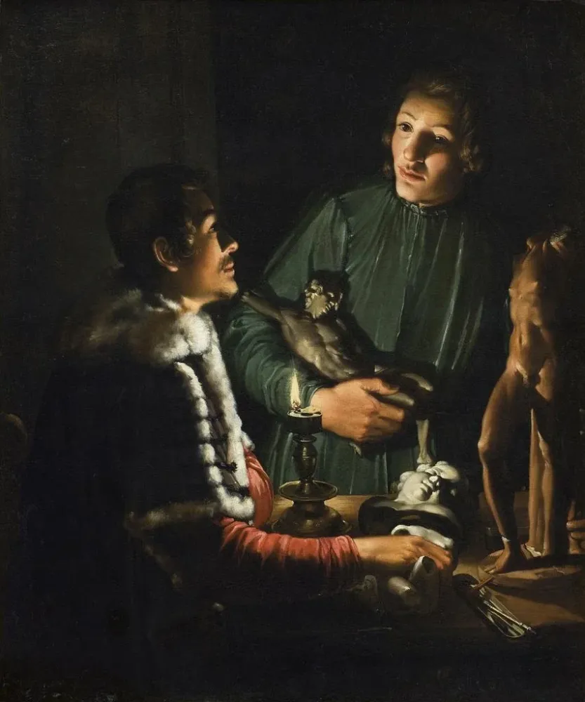 Gemälde Zwei nächtliche Bildhauer Rom Doppelporträt von François Duquesnoy und Georg Petel - Adam de Coster | Kunstdruck