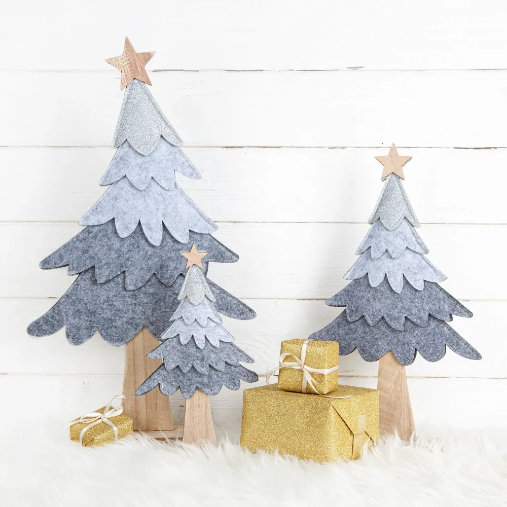 3 großes Weihnachtsdeko Set - Weihnachtsbaum Figuren aus Holz & Filz grau