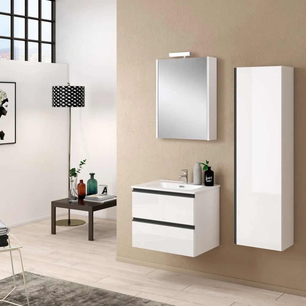 Hängende Badezimmerkombination mit Säulenwaschbecken und Spiegelschrank Modell York06 100 cm Weiß Hochglanz
