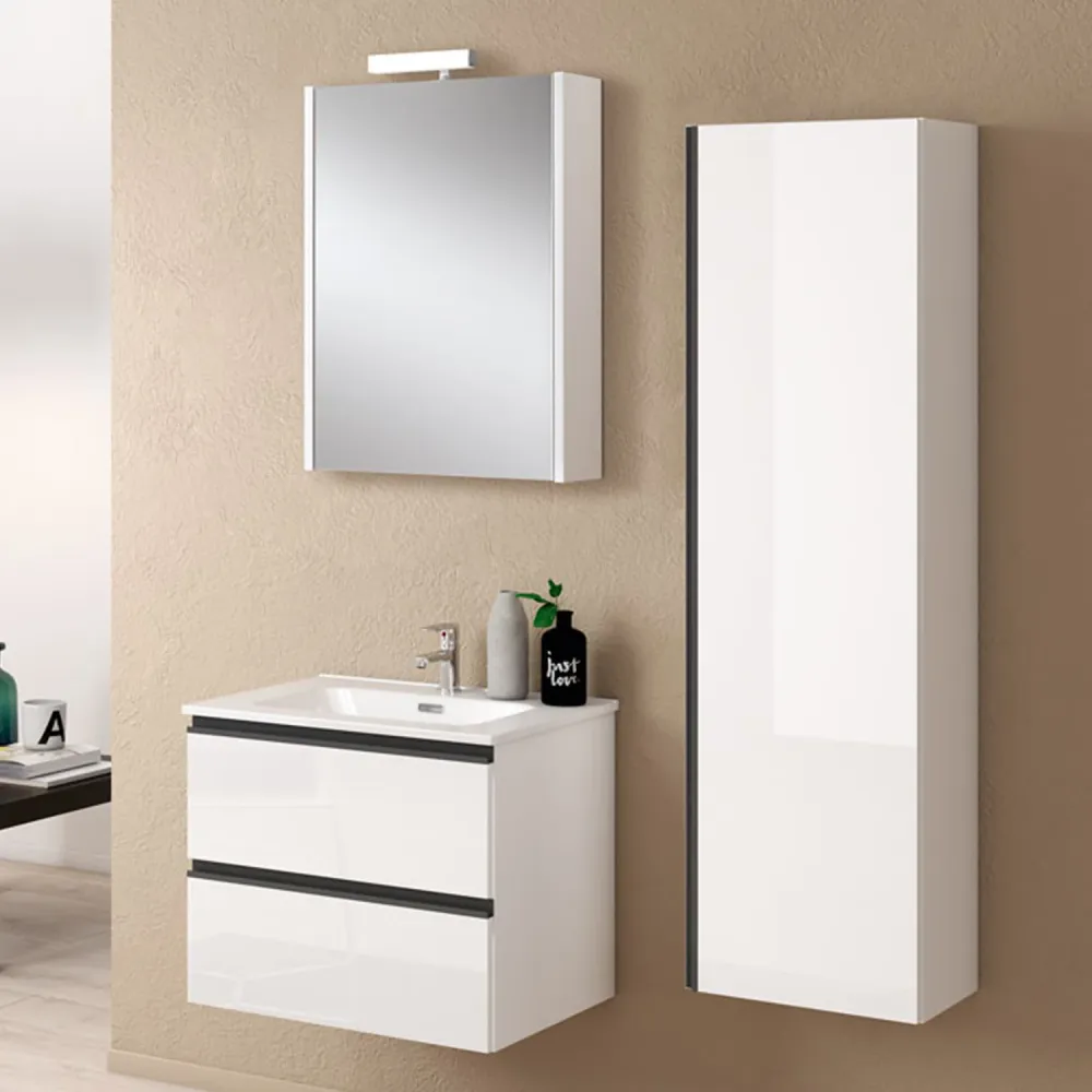 Hängende Badezimmerkombination mit Säulenwaschbecken und Spiegelschrank Modell York06 100 cm Weiß Hochglanz