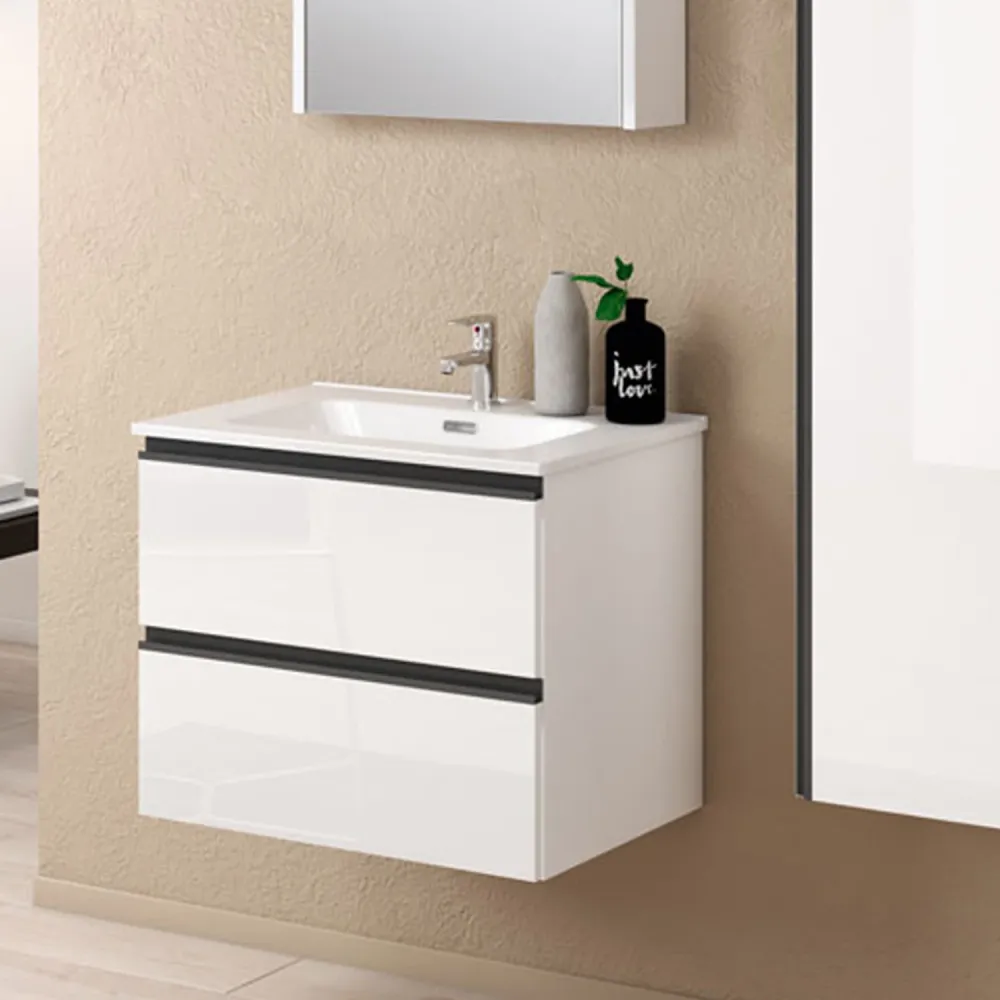 Hängende Badezimmerkombination mit Säulenwaschbecken und Spiegelschrank Modell York06 100 cm Weiß Hochglanz