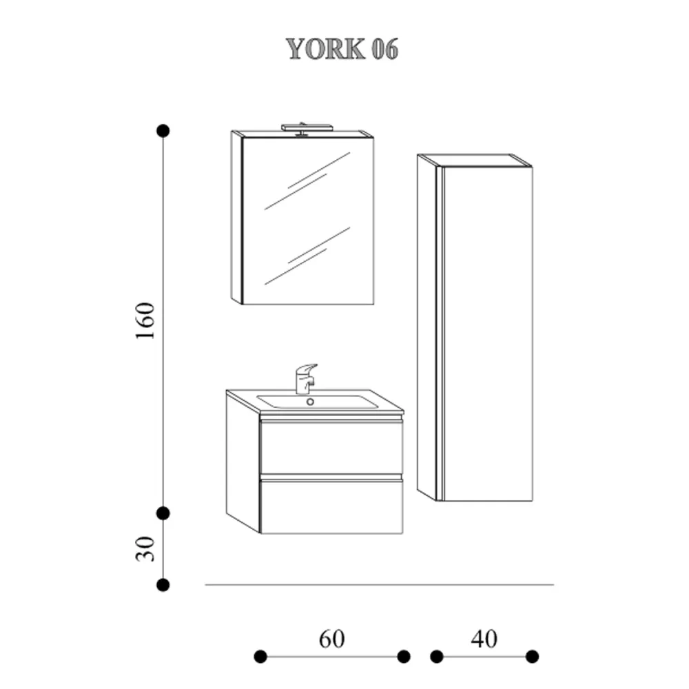 Hängende Badezimmerkombination mit Säulenwaschbecken und Spiegelschrank Modell York06 100 cm Weiß Hochglanz