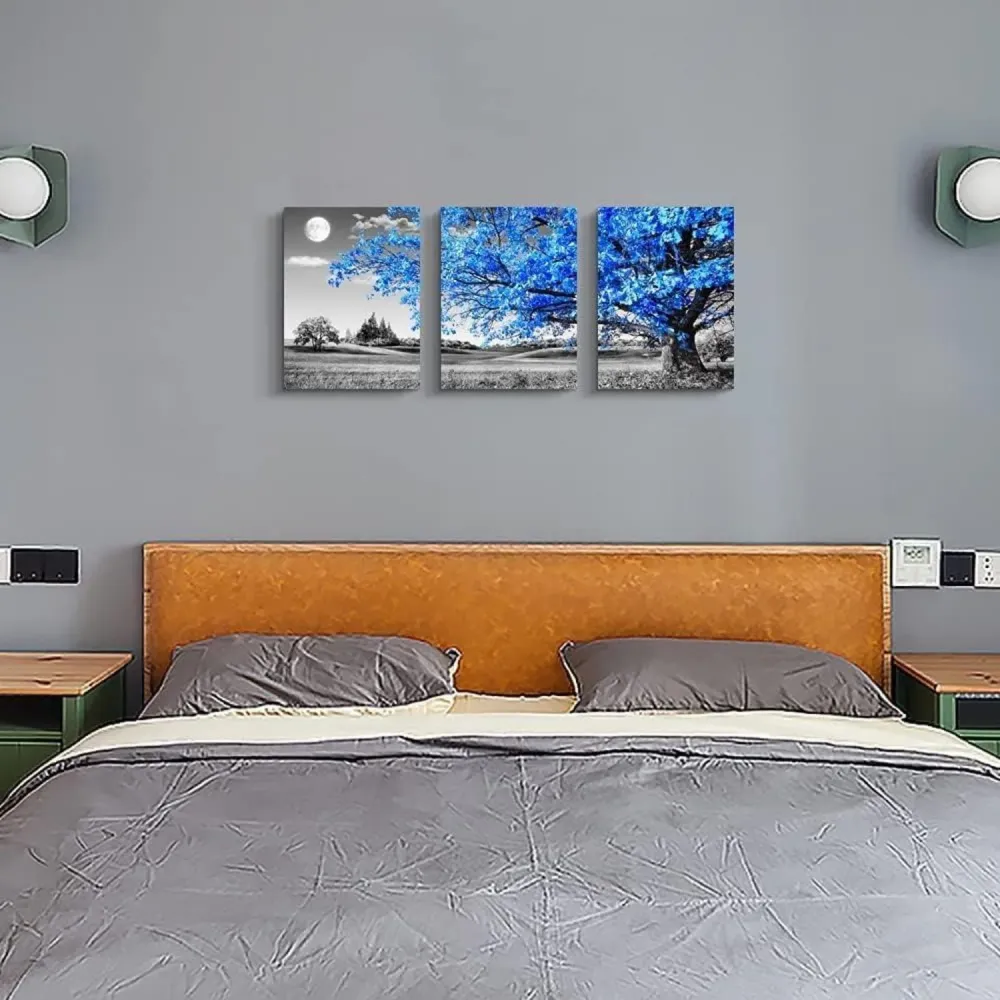 Hyidecorart Blaue Baum Leinwandbilder 3er Pack - Wanddeko