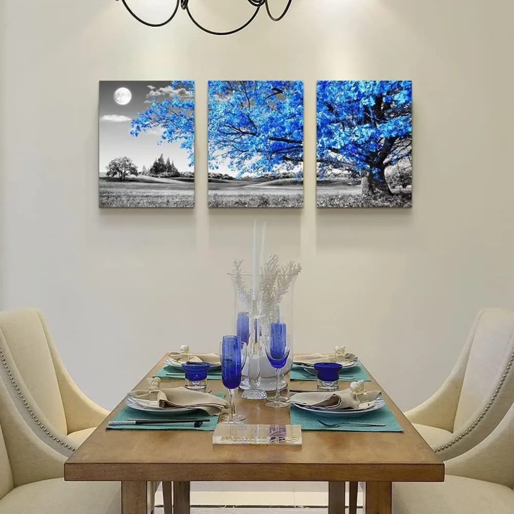 Hyidecorart Blaue Baum Leinwandbilder 3er Pack - Wanddeko