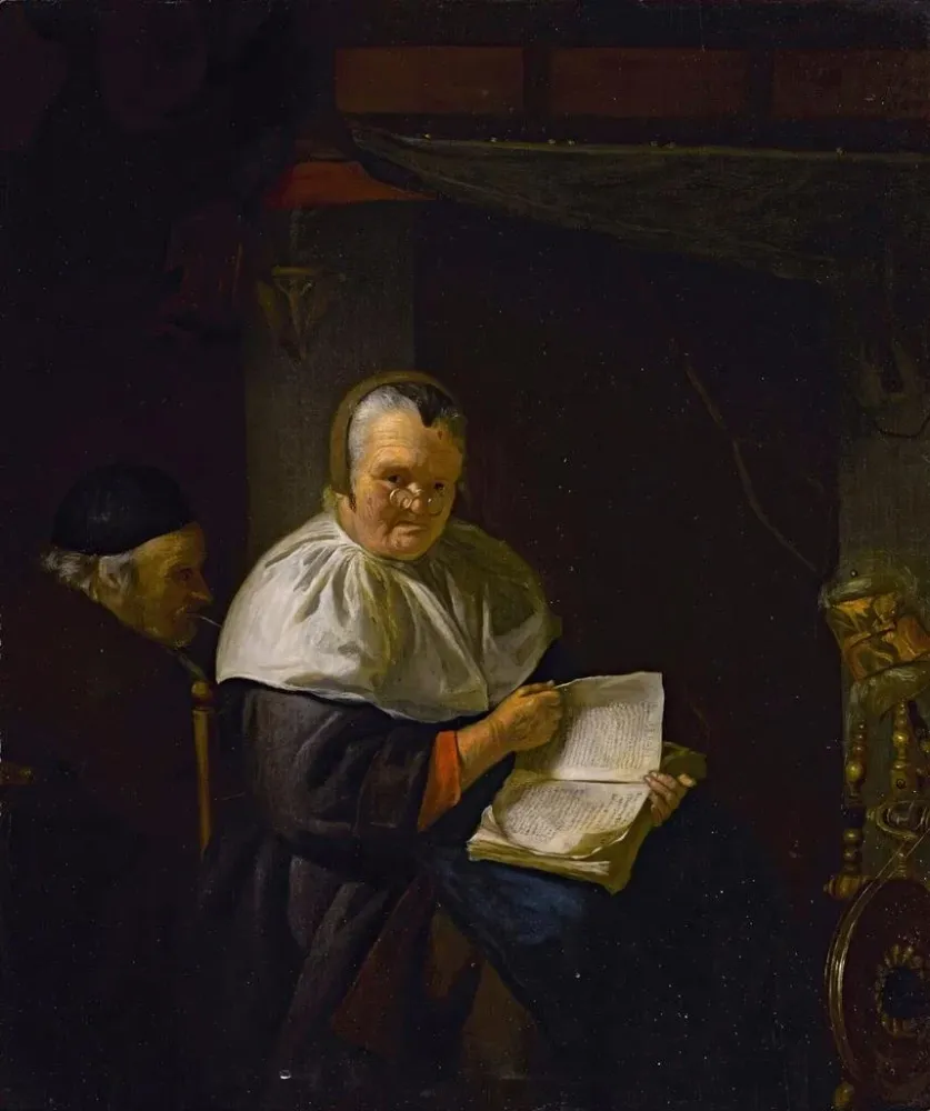 Innenraum-Gemälde mit einer Frau, die der Nähe eines Spinnrades liest, und einem Mann, der raucht - Antoine van Dyck | Kun...