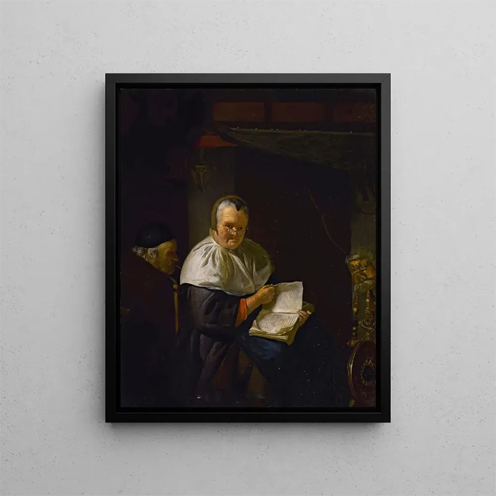 Innenraum-Gemälde mit einer Frau, die der Nähe eines Spinnrades liest, und einem Mann, der raucht - Antoine van Dyck | Kun...