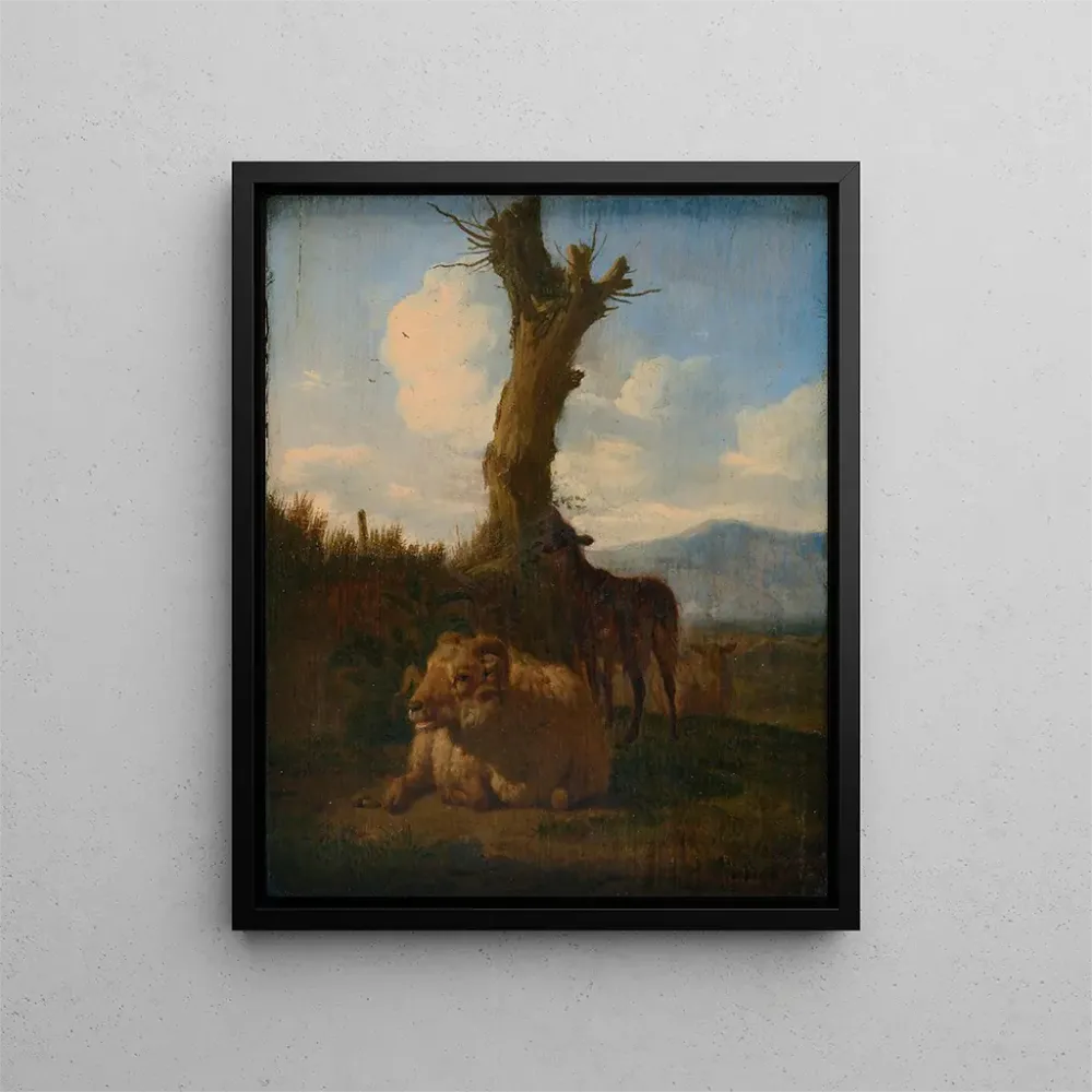 Italienisches Landschaftsgemälde mit einem Widder, anderen Schafen und einem toten Baum - Adriaen van de Velde | Kunstdruck