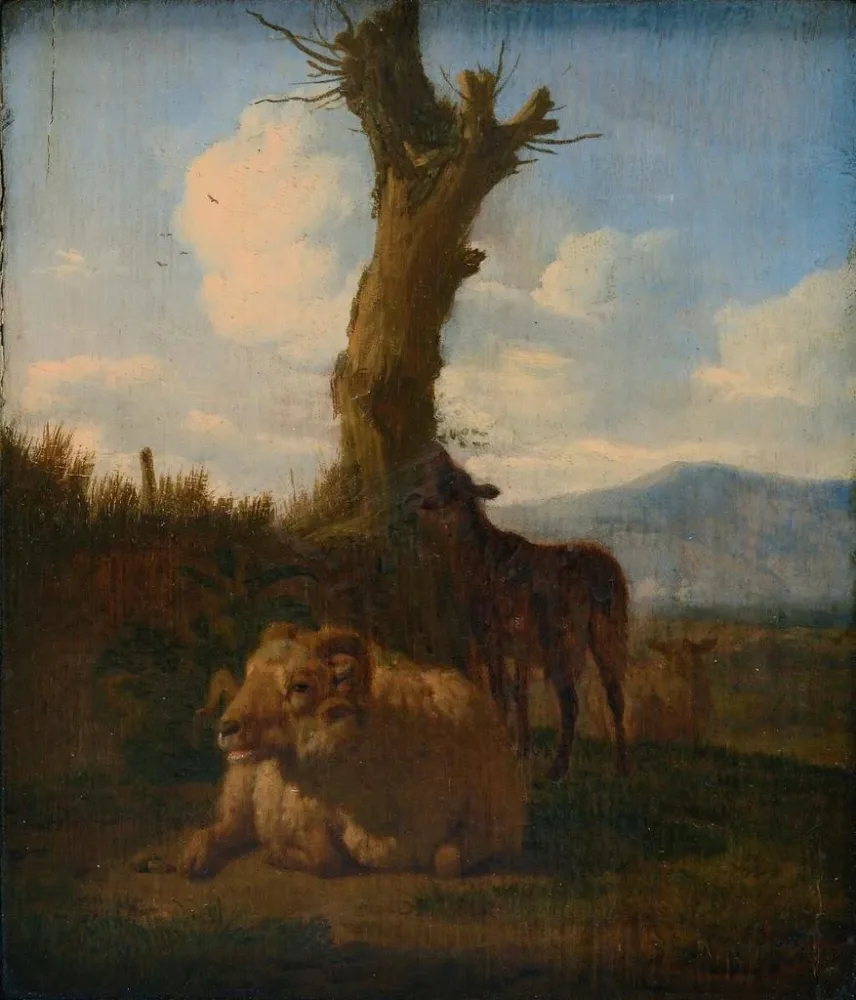 Italienisches Landschaftsgemälde mit einem Widder, anderen Schafen und einem toten Baum - Adriaen van de Velde | Kunstdruck