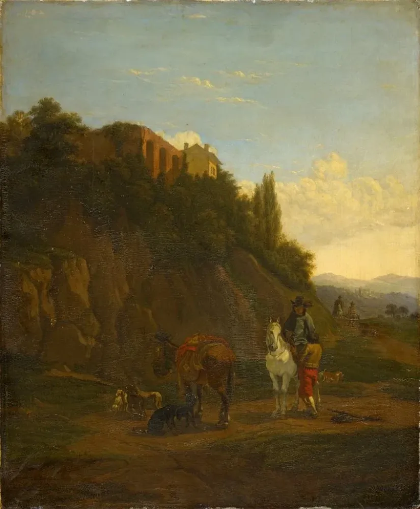 Italienisches Landschaftsgemälde mit Reisenden - Anonym | Kunstdruck
