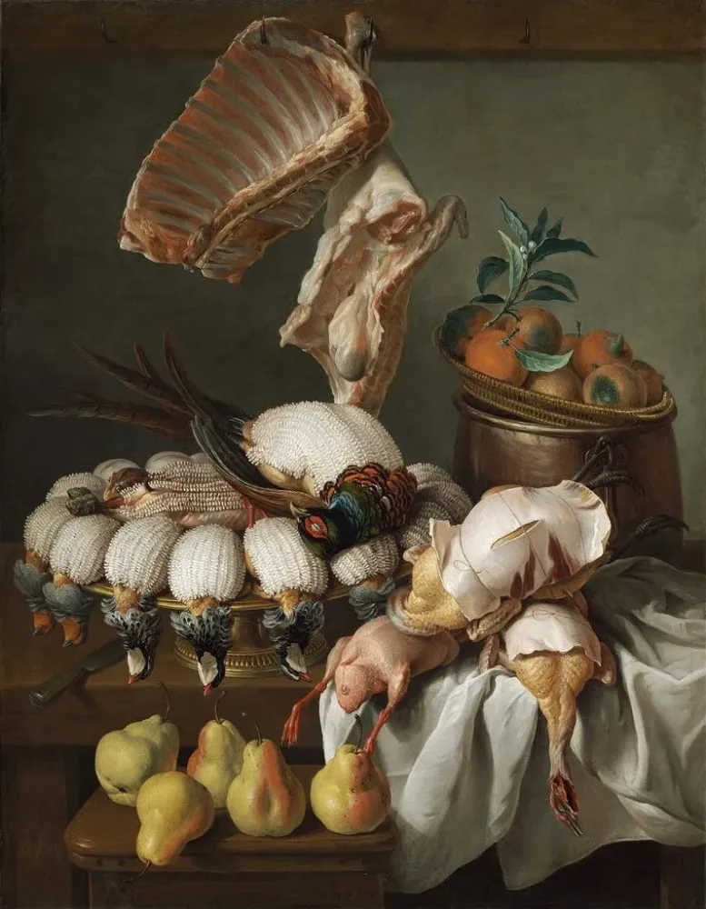 Jagd- und Fruchtstillleben mit Fleisch - Alexandre François Desportes | Kunstdruck