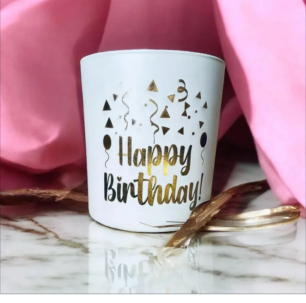 Kerzenglas weiß Gold mit Gravur Happy Birthday