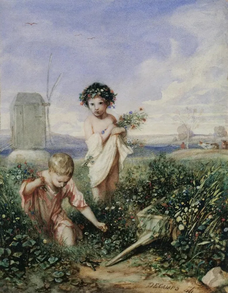 Kinder beim Blumenpflücken - Alexandre-Gabriel Decamps | Kunstdruck