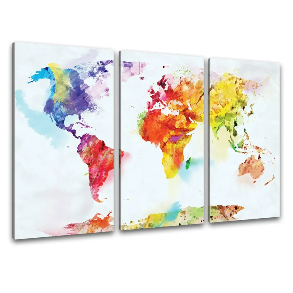 Kunstdruck - 3-teilige Leinwand - Weltkarte Aquarell
